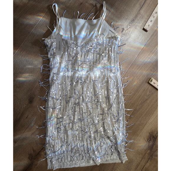 NWT Francesca's Champagne Sleeveless Sheer Net Fringe Sequin Party Club Dress S - Picture 8 of 11